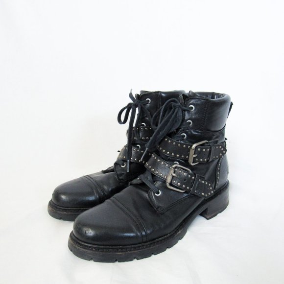 SOLD FRYE Black Leather 'Samantha' Studded Combat Biker Moto Boots -9 1/2 - Picture 10 of 15
